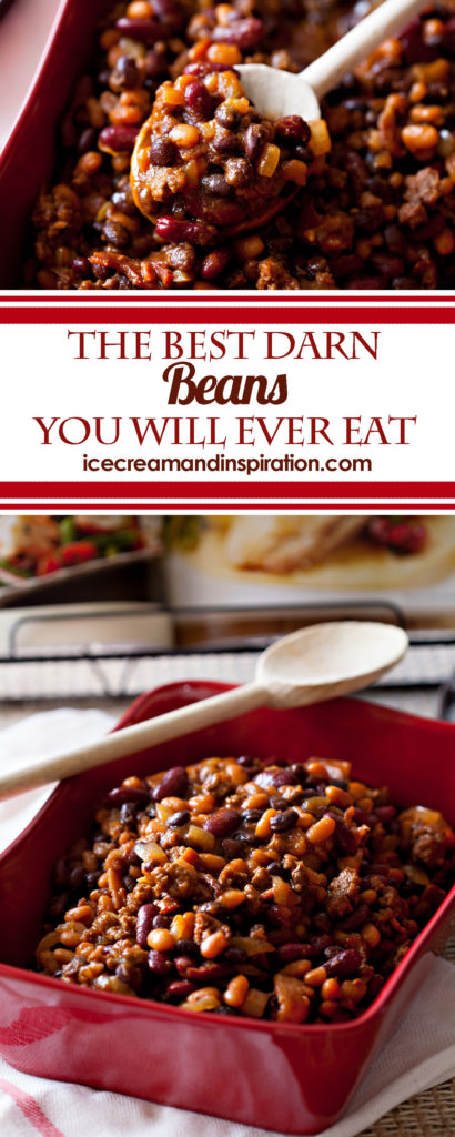Brown sugar with bacon, hamburger, onions, and three types of beans. Throw it all in the slow cooker, and you have the Best Darn Beans You Will Ever Eat. Baked beans recipe, crock pot beans recipe