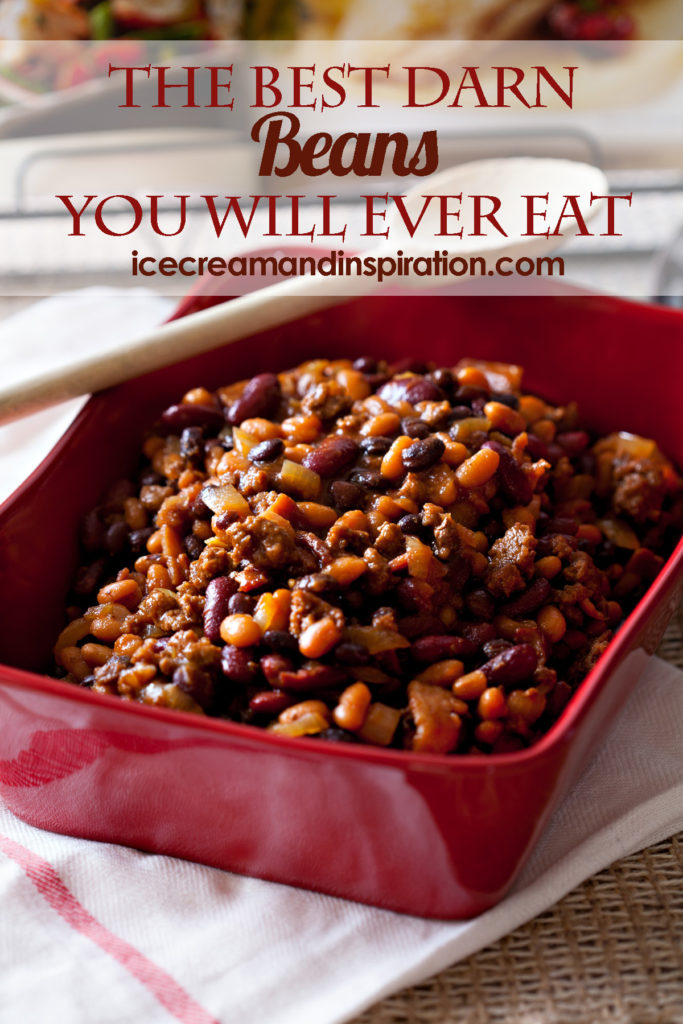 Brown sugar with bacon, hamburger, onions, and three types of beans. Throw it all in the slow cooker, and you have the Best Darn Beans You Will Ever Eat. Baked beans recipe, crock pot beans recipe