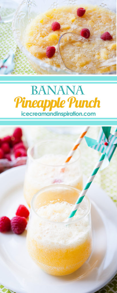 This Banana Pineapple Punch is the best party punch recipe ever! It's slushy and fizzy and amazingly delicious! You'll fall in love with it with the first sip! Party punch recipes, banana slush punch, pineapple slush punch