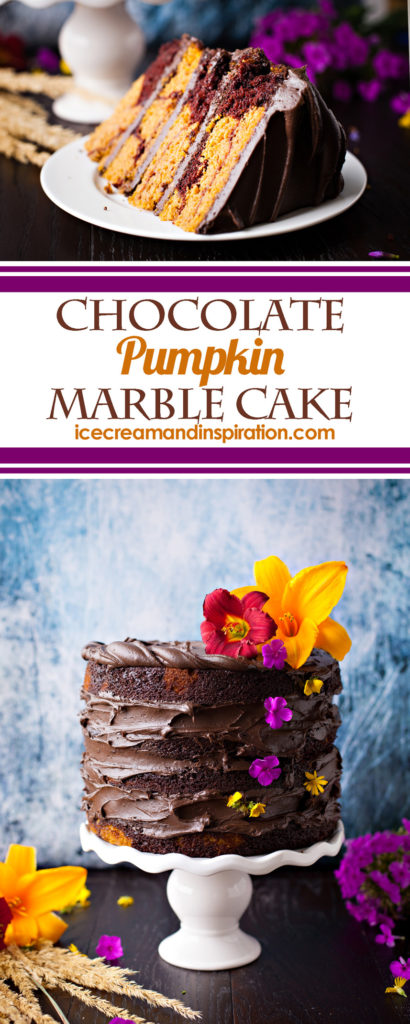 Chocolate Pumpkin Marble Cake. The best pumpkin cake you will ever have! Rich chocolate cake is swirled with moist pumpkin cake and topped with chocolate frosting for this showstopping dessert!