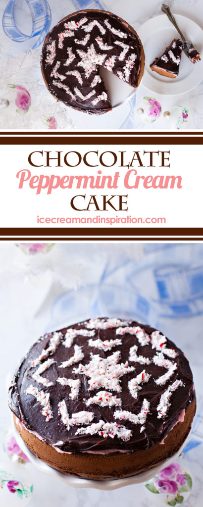 This show-stopping Chocolate Peppermint Cream Cake is the stuff of dreams! A thick, rich chocolate cake is topped with creamy peppermint and silky chocolate ganache. Take it over the top by decorating with a candy cane snowflake!