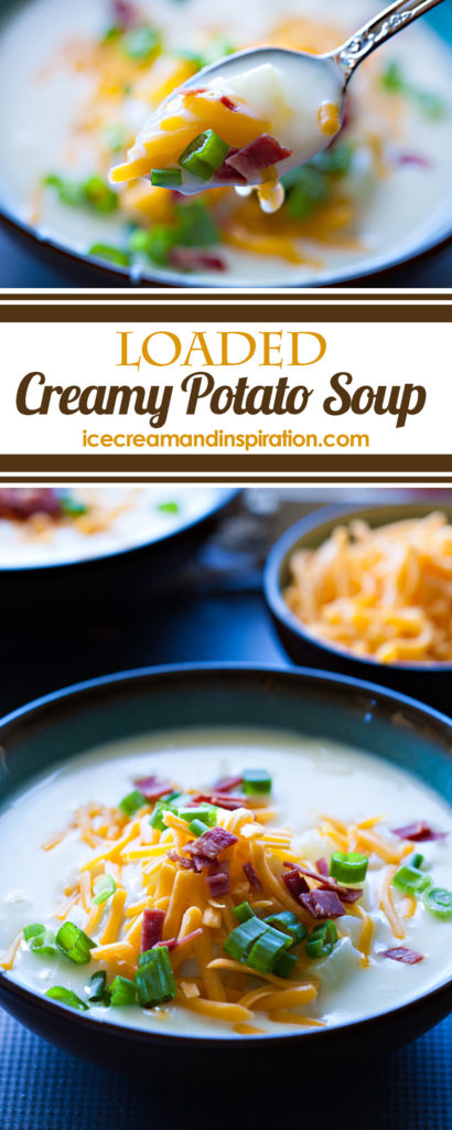 This Loaded Creamy Potato Soup is full of tender potatoes in a silky smooth soup, topped with shredded cheese, bacon, and green onions.