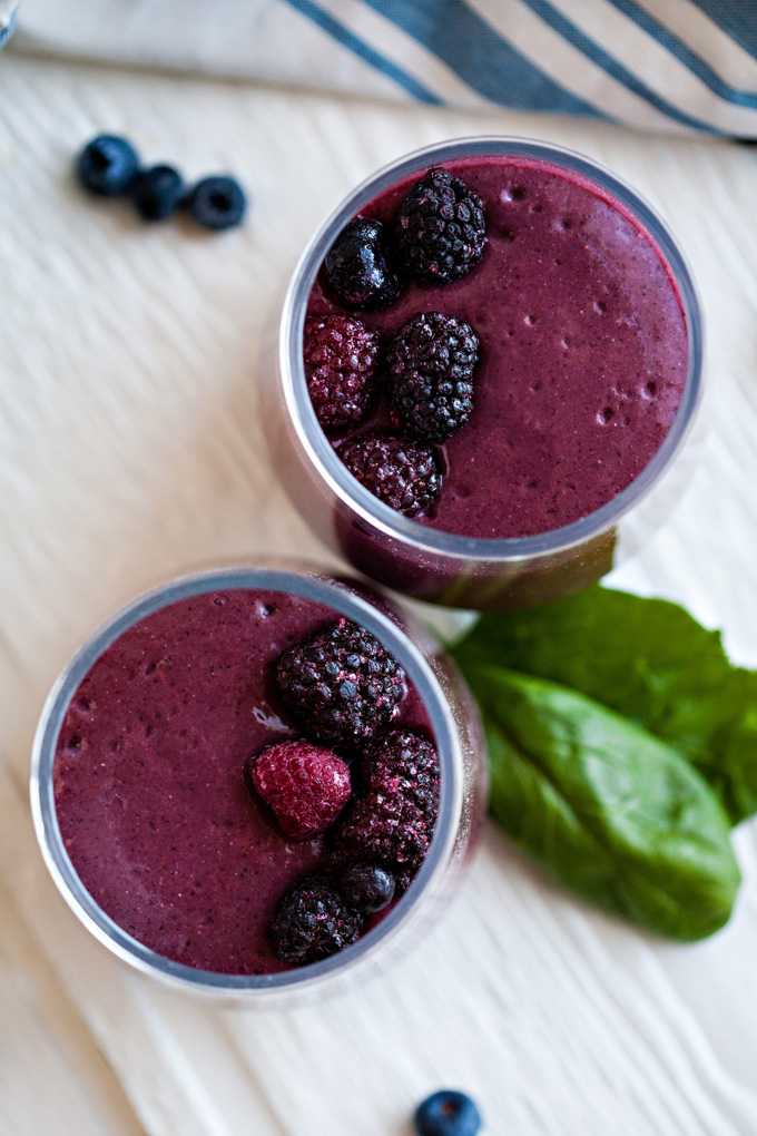 Triple Berry Smoothie. Full of berries, spinach, and heart-healthy seeds!