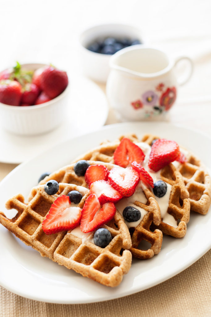 Whole Wheat Waffles. Low sugar version included! Healthy breakfast recipes.