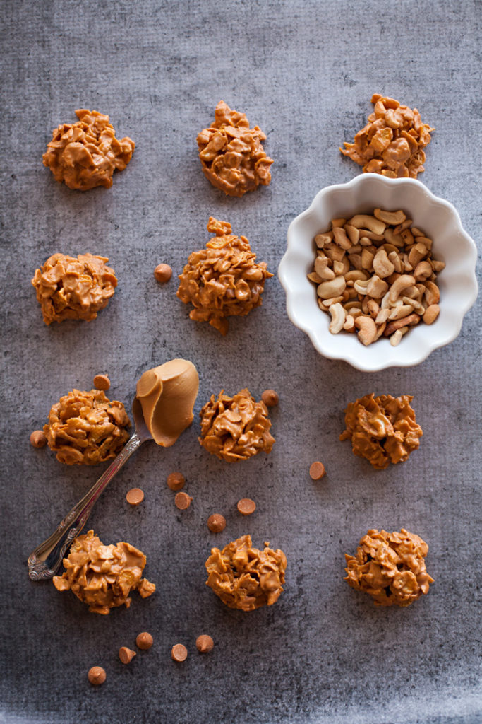 Cashew Cornflake Clusters. Classic butterscotch no-bakes with cornflakes and cashews!