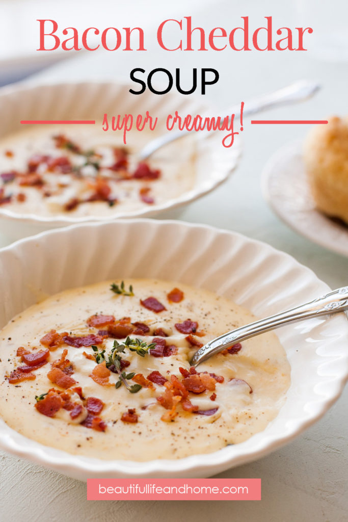 This Bacon Cheddar Soup is SUPER creamy and made with three kinds of cheese and thick-cut smoked bacon. Quick and easy to make, it's the perfect soup for Saint Patrick's Day!