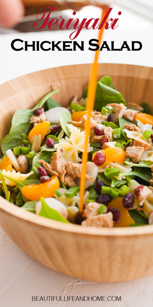 This vibrant, healthy Teriyaki Chicken Salad is a crowd pleaser! Perfect for summer picnics, barbecues, and reunions. Fresh spinach, dried cranberries, and mandarin oranges are mixed with chicken, bow tie pasta, and a delicious teriyaki sauce.
