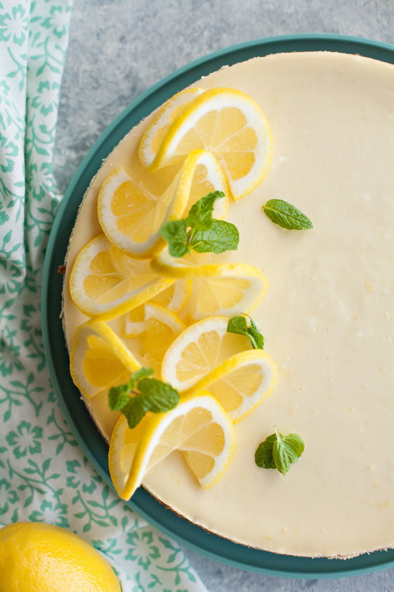 close-up of finished lemon cheesecake