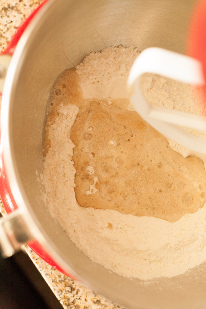 Proofed yeast in mixing bowl with flour and salt.