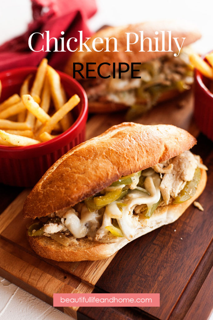 This Chicken Philly Recipe will get you four amazing cheesesteak sandwiches! Quick and easy to make in a single skillet, you can make this delicious dinner in under 20 minutes! All you need is some chicken, green peppers, onions, cheese, spices, and hoagie buns!
