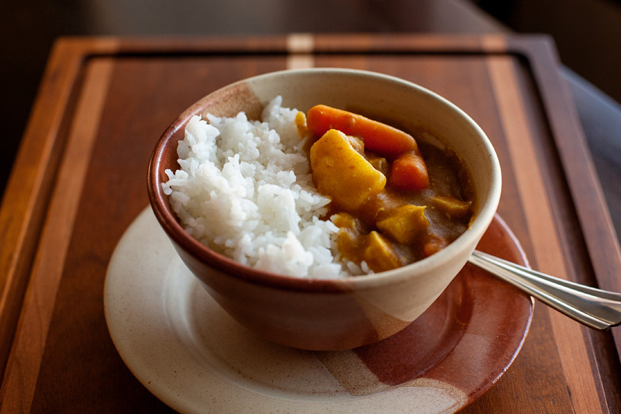 Japanese curry served with Japanese rice.