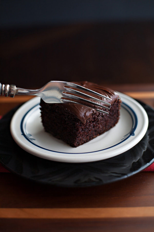 Zucchini Chocolate Cake being cut by a fork