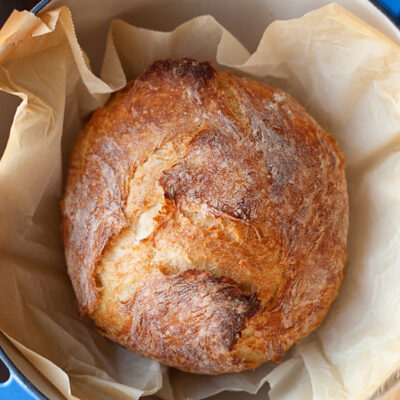 No-knead Dutch oven bread freshly out of the oven