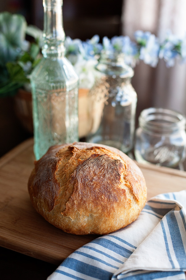 No-knead Dutch oven bread on a table