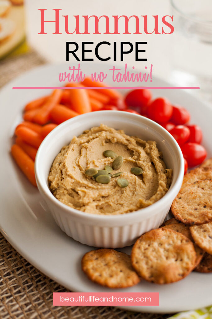 Basic hummus recipe with no tahini. Less than 5 minutes to make! Includes flavor variations.
